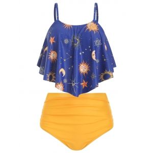 

Sun and Moon Print Ruched Tankini Swimsuit, Blue