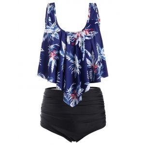 

Plus Size Padded Leaf Floral Tankini Set, Midnight blue