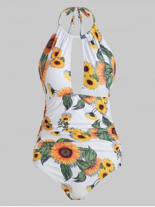 Cut Out Ruched Sunflower Swimsuit