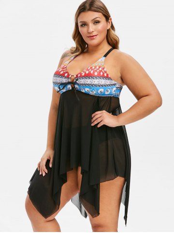

Mesh Panel Printed Criss Cross Plus Size Tankini Swimsuit, Black
