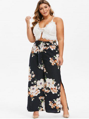 

Plus Size High Slit Floral Palazzo Pants, Black