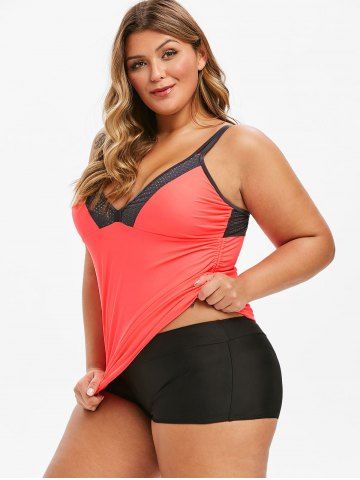 

Plus Size Plunge Drawstring Cinched Tankini Swimsuit, Multi-a