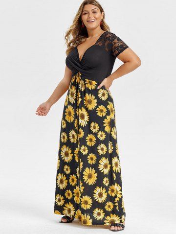

Plus Size Plunge Twist Sunflower Print Maxi Dress, Multi-a