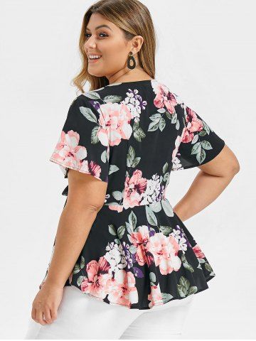 

Plus Size Bell Sleeve Floral Print Deep V T Shirt, Jet black
