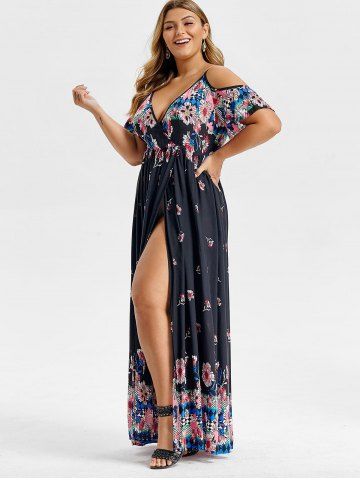 

Plus Size Surplice Ditsy Print Open Shoulder Cami Dress, Jet black