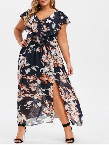 rosegal Plus Size Flower Slit V Neck Maxi Dress