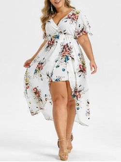 Plus Size Floral Print Bell Sleeve High Low Maxi Dress - WHITE - 1X