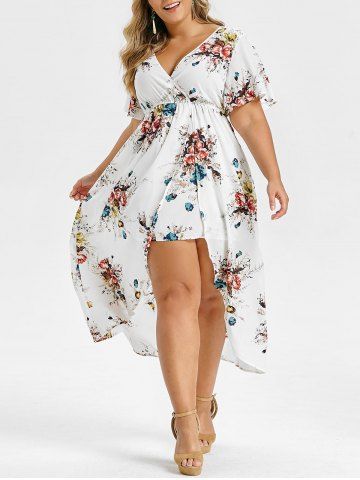 Plus Size Floral Print Bell Sleeve High Low Maxi Dress - WHITE - 5X