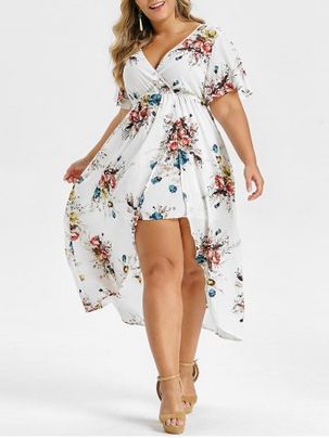 Plus Size Floral Print Bell Sleeve High Low Maxi Dress
