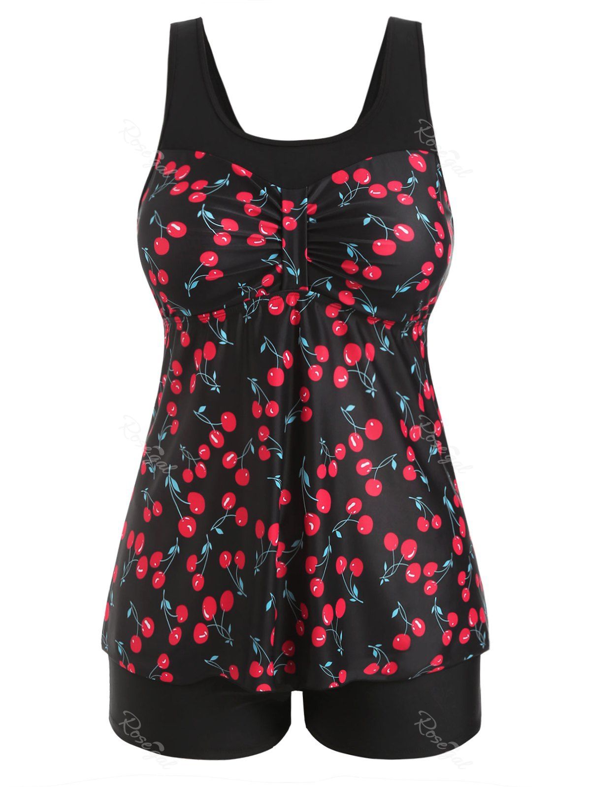 [38% OFF] Contrast Ruched Cherry Print Plus Size Tankini Swimsuit | Rosegal