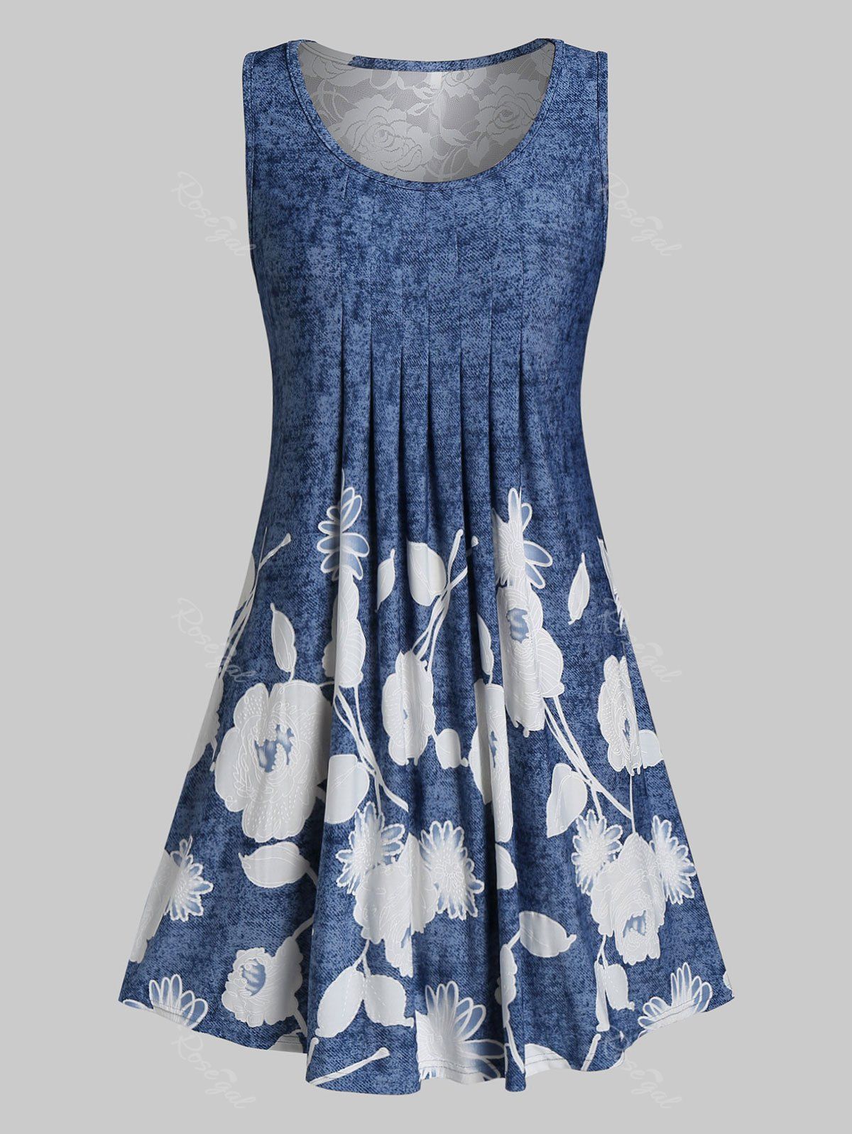 

Plus Size Marled Floral Print Lace Insert Dress, Blue gray