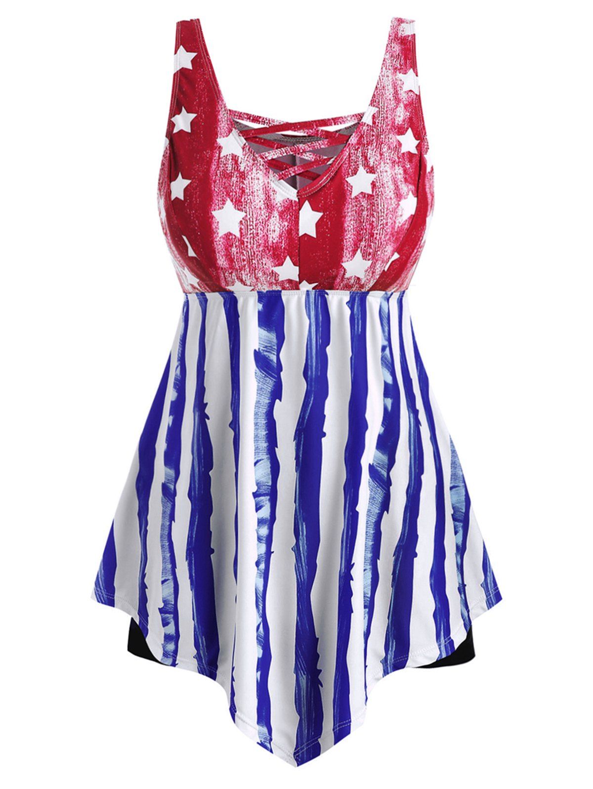 

Contrast Lattice American Flag Plus Size Tankini Swimsuit, Multi-b
