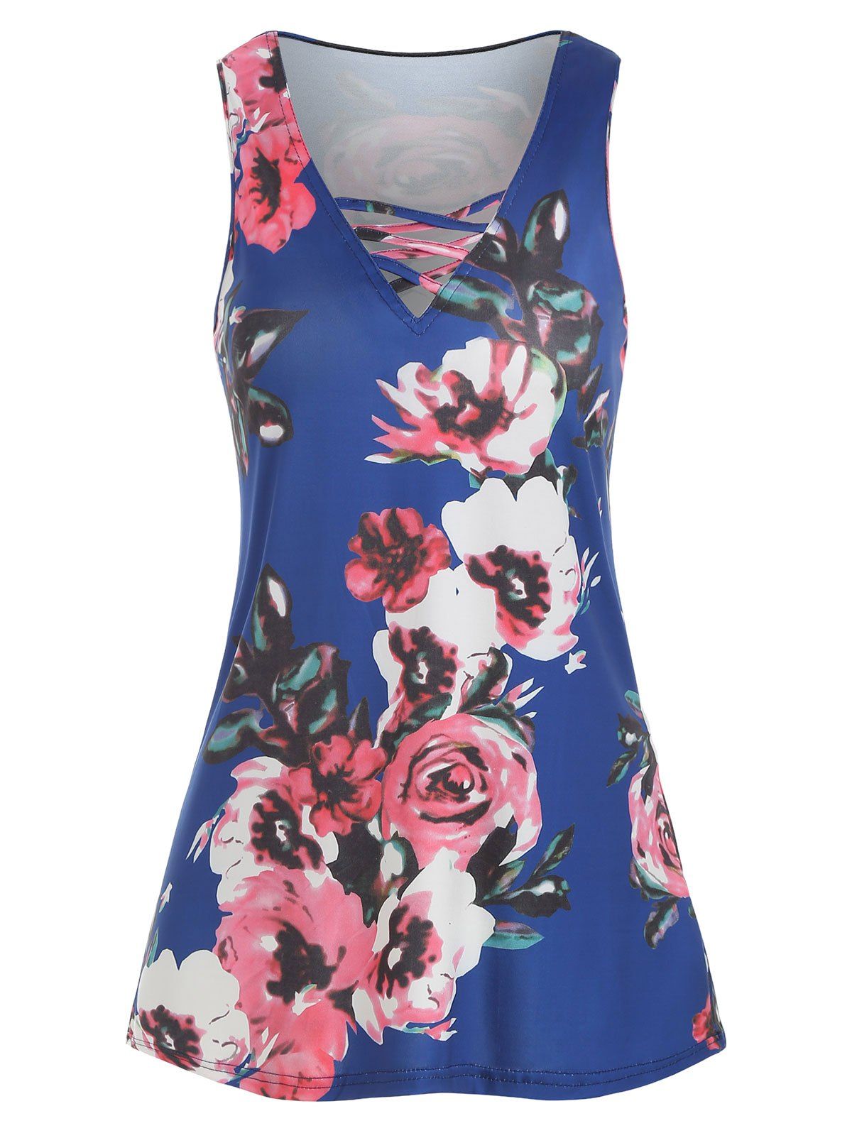 

Floral Lattice V Neck Tank Top, Multi-a