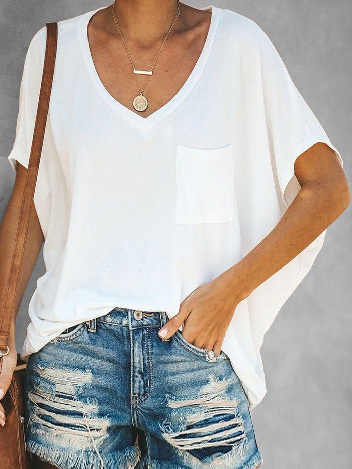 

V Neck Chest Pocket Batwing Tee, White