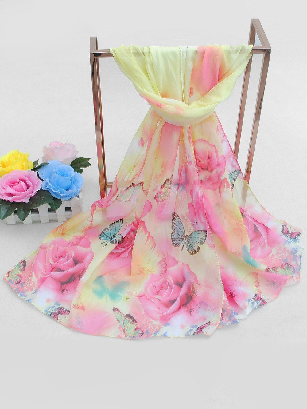 

Butterfly Rose Print Chiffon Long Scarf, Yellow