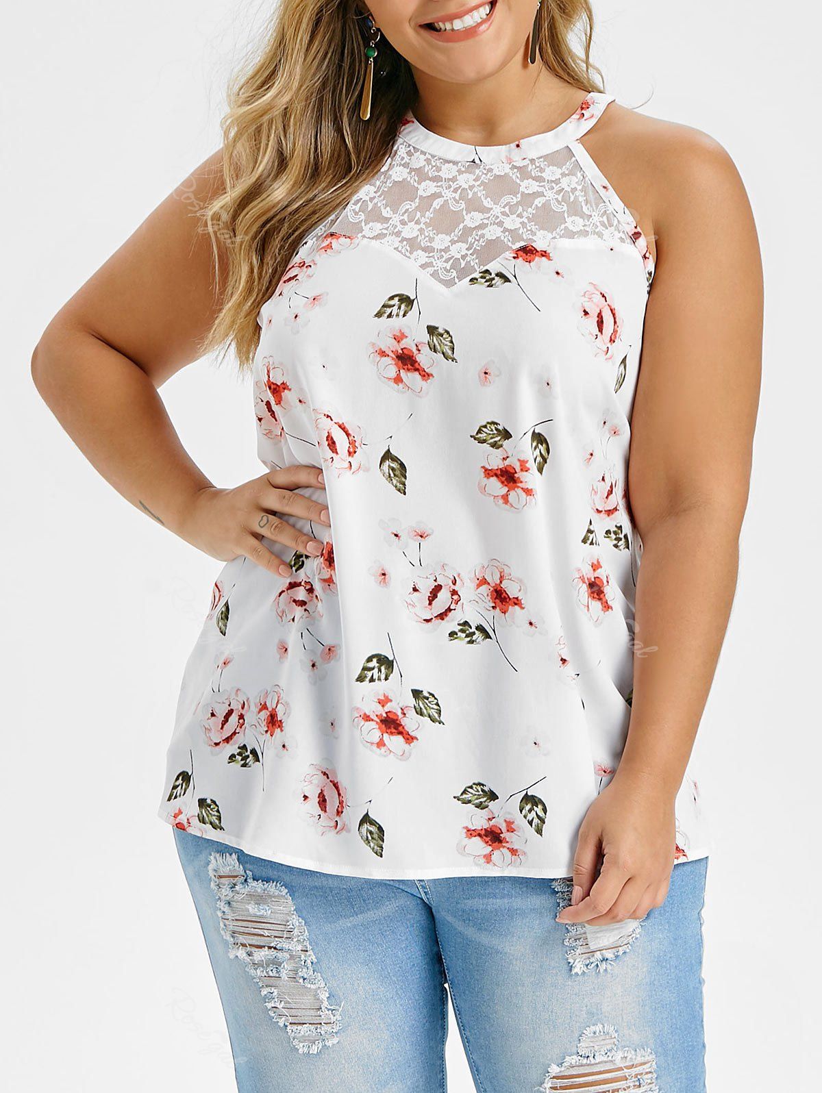 

Plus Size Printed Lace Insert Tank Top, White