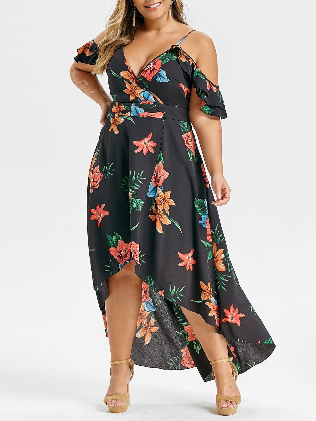 

Plus Size High Low Overlap Floral Cami Maxi Dress, Black
