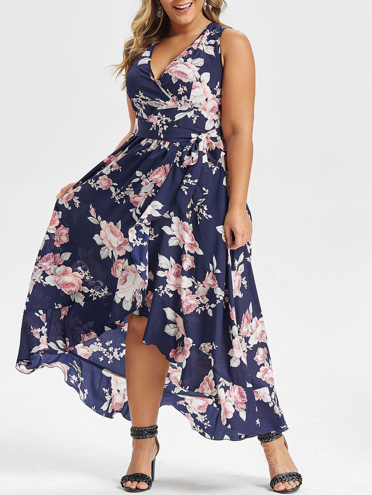 [51% OFF] Plus Size Floral Print V Neck Ruffle Maxi Dress | Rosegal
