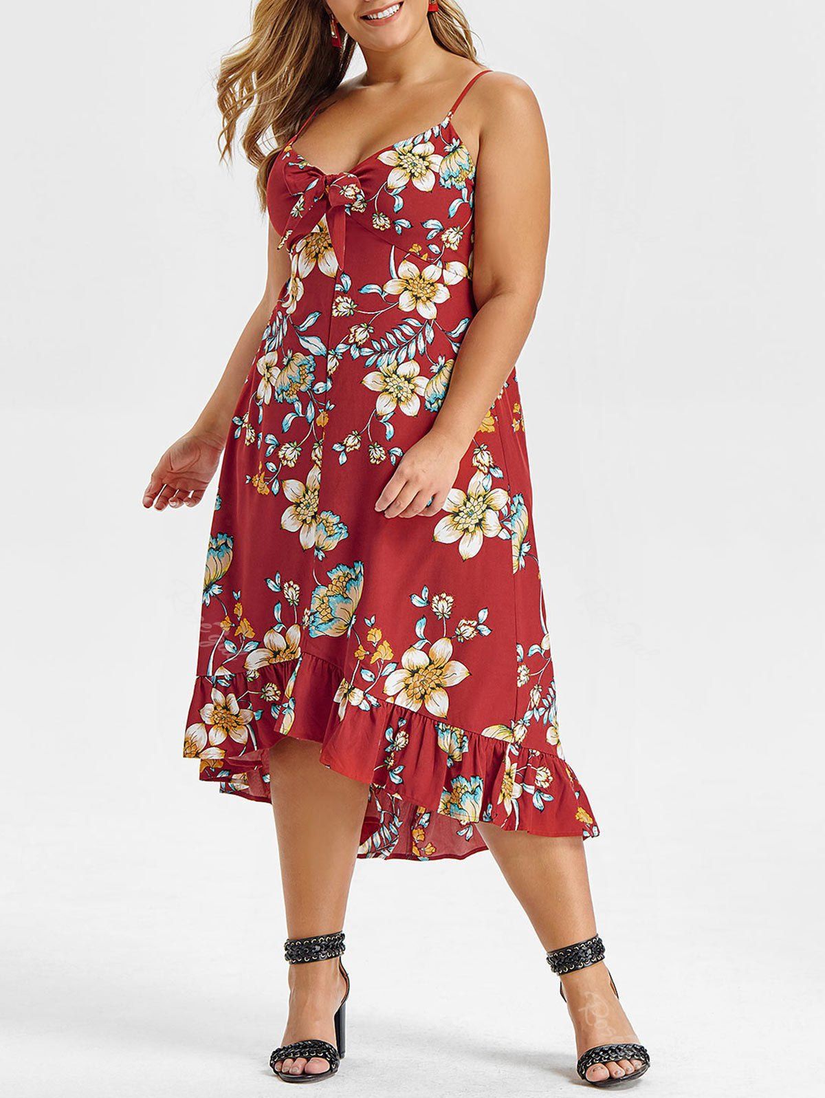 Robe Moulante Mi-Longue Fleurie Imprimée De Grande Taille à Volants En