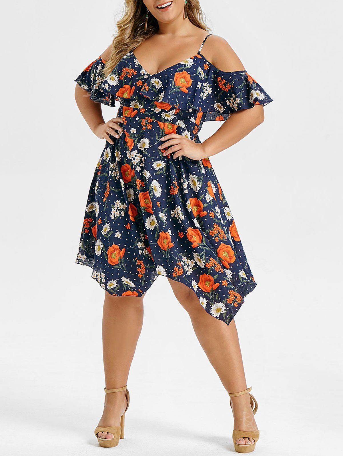 

Plus Size Floral Print Ruffled Cami Dress, Cadetblue