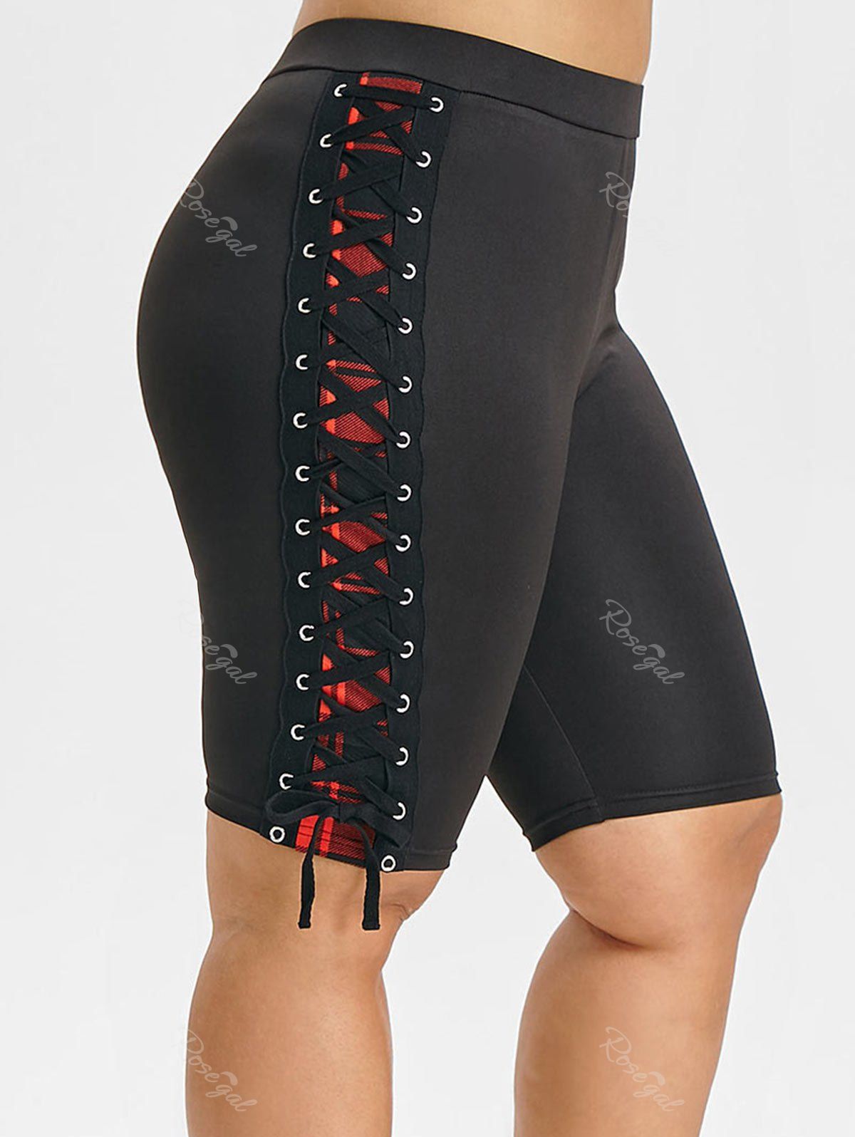 

Plus Size High Rise Plaid Lace Up Shorts, Black