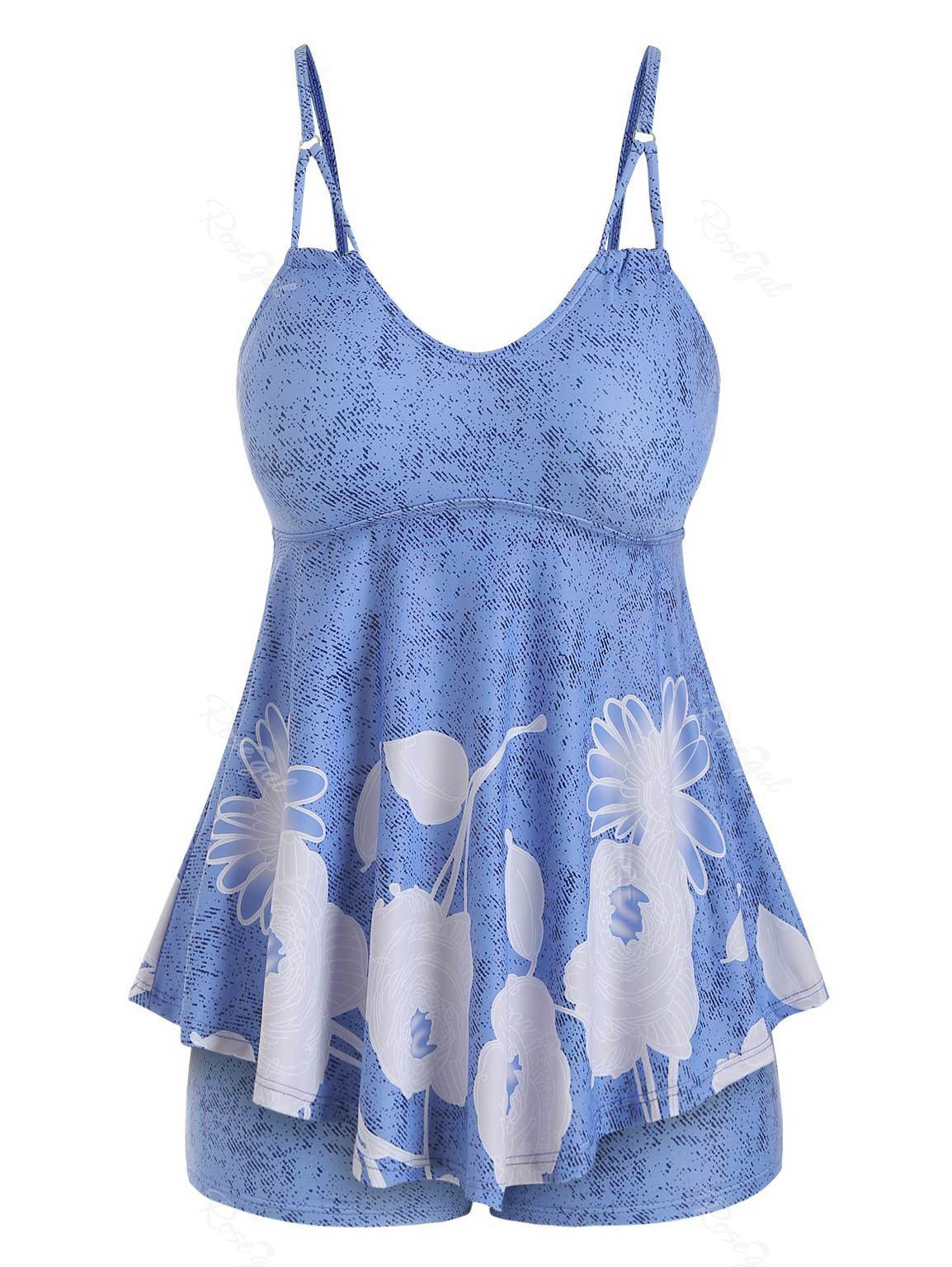 

Plus Size Floral Print Skirted Tankini Swimsuit, Cornflower blue