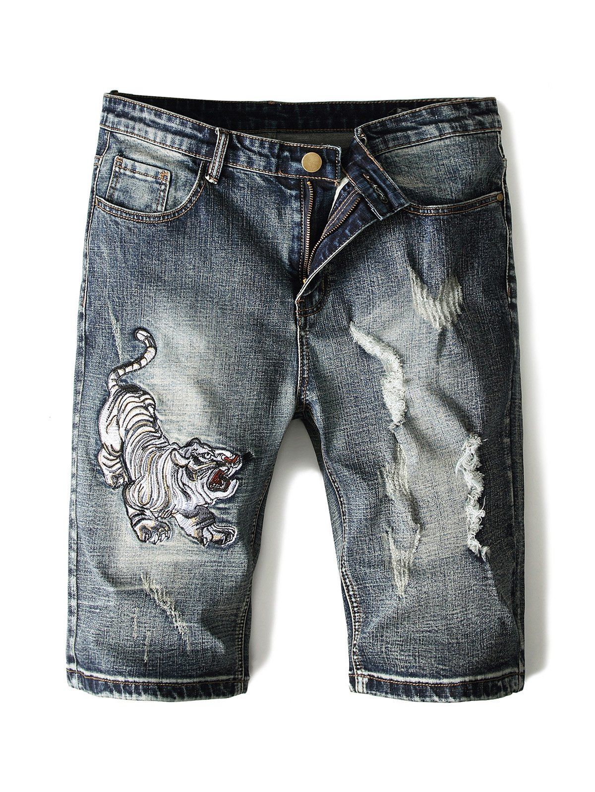 

Tiger Embroidery Casual Jeans Shorts, Denim dark blue
