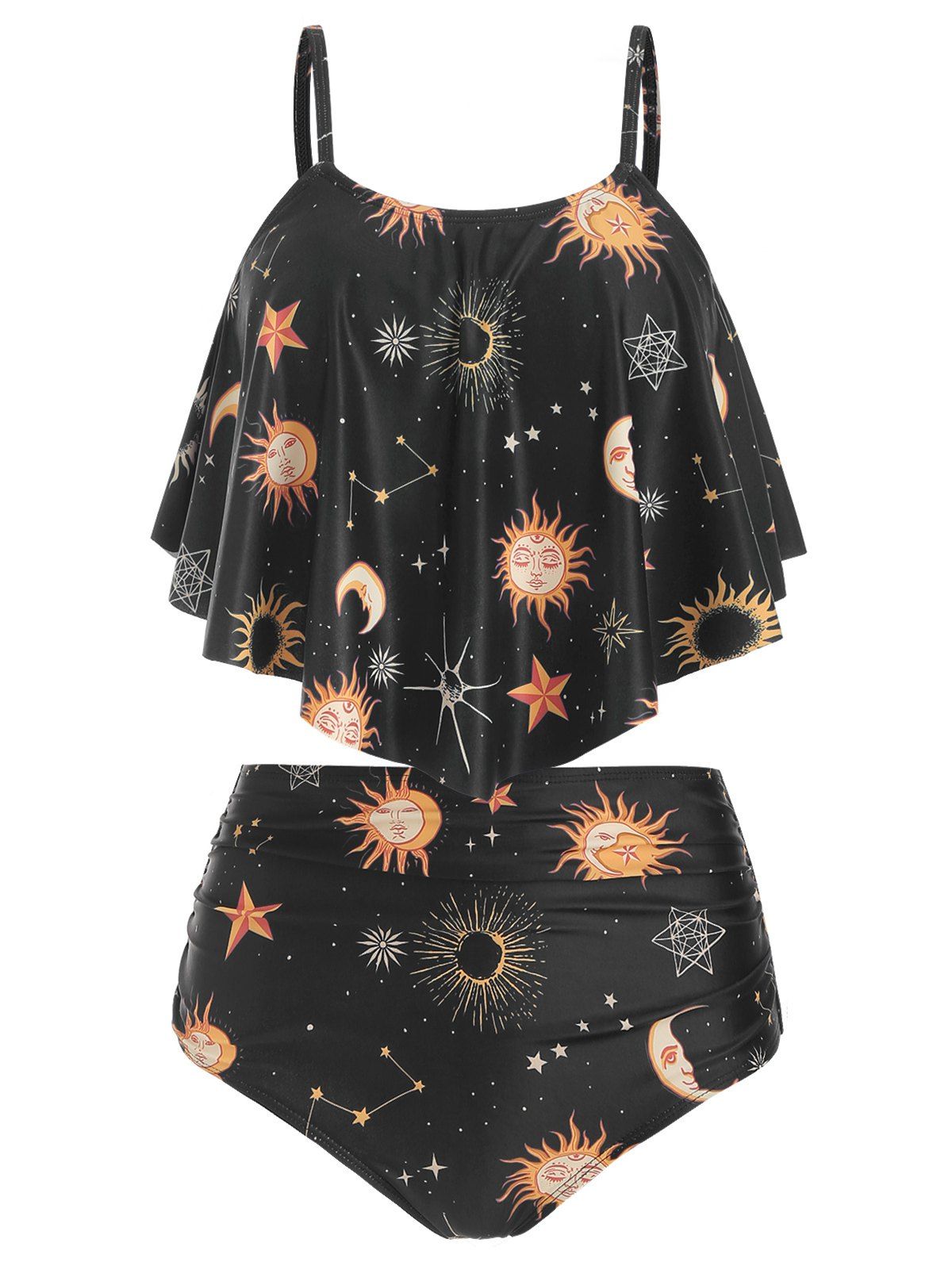 

Sun and Moon Print Ruched Tankini Swimsuit, Black