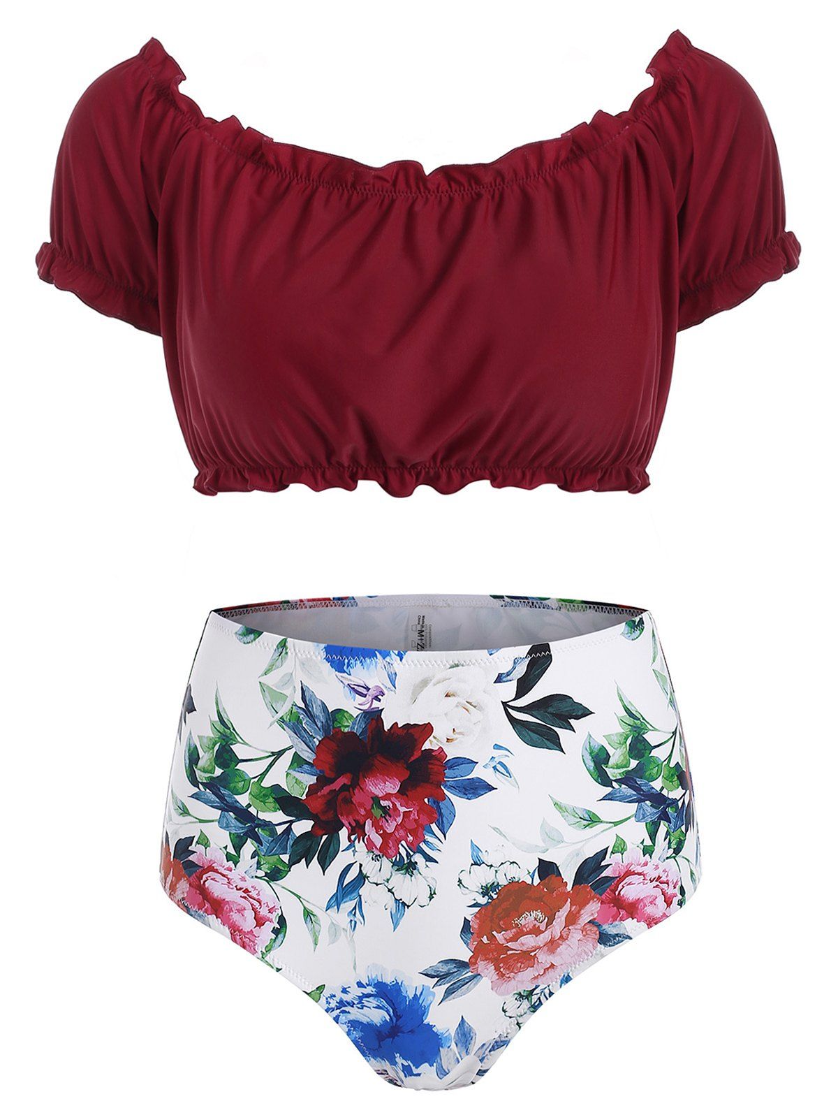 

Off Shoulder Floral Print Padded Bikini Swimwear, Red wine