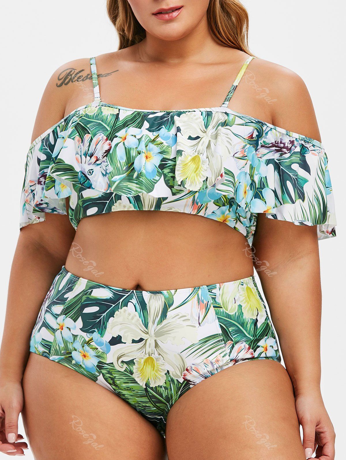 

Cold Shoulder Floral Leaves Ruffles Plus Size Bikini Swimsuit, Multi-a