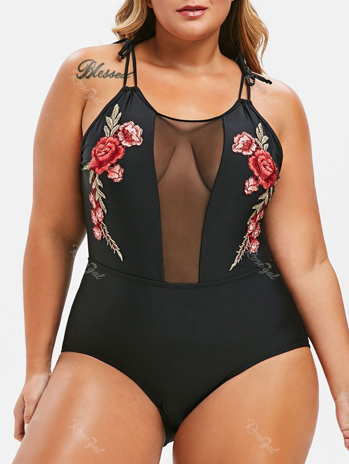 

Plus Size Flower Embroidered Mesh Insert Swimsuit, Black