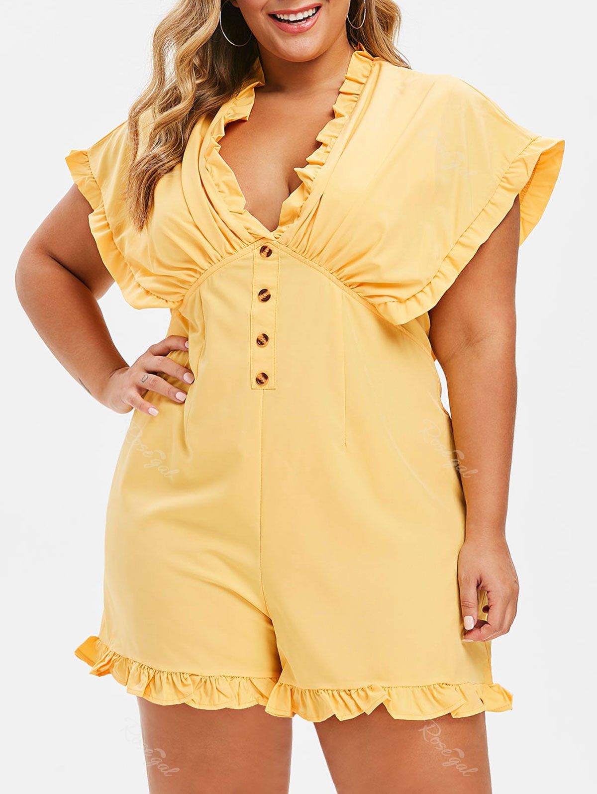 

Plus Size Button Ruffle Romper, Yellow