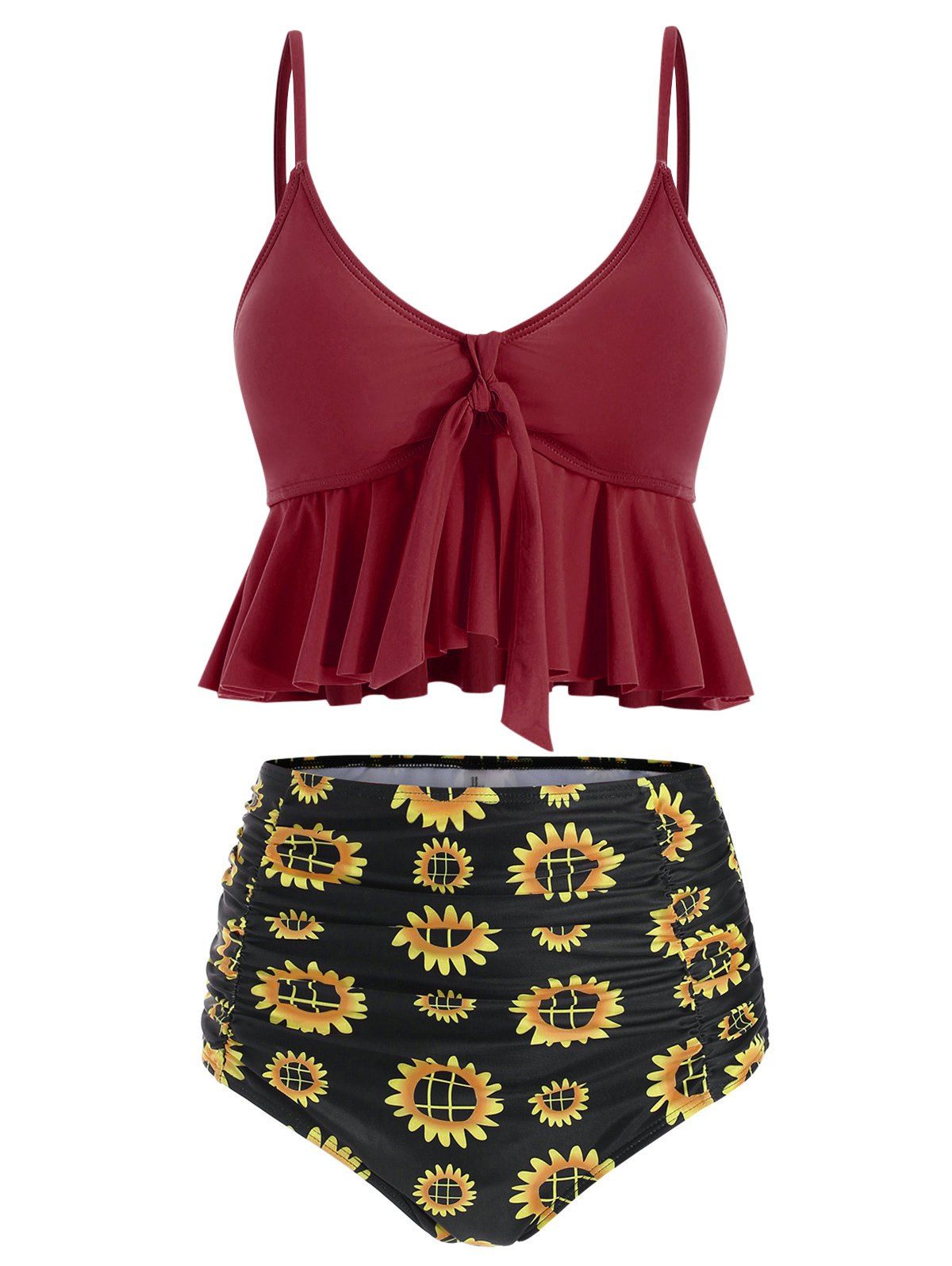 

Floral Print Ruched Ruffles Tankini Set, Red wine