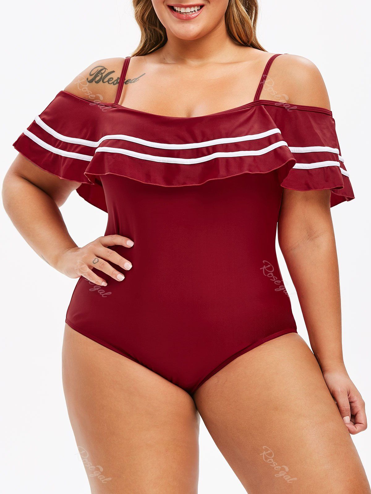 

Cold Shoulder Ruffles Stripes Panel Plus Size Swimsuit, Red wine