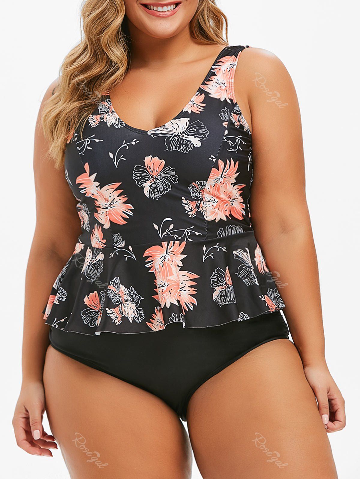 

Plus Size Floral Ruched Peplum Tankini Swimsuit, Black