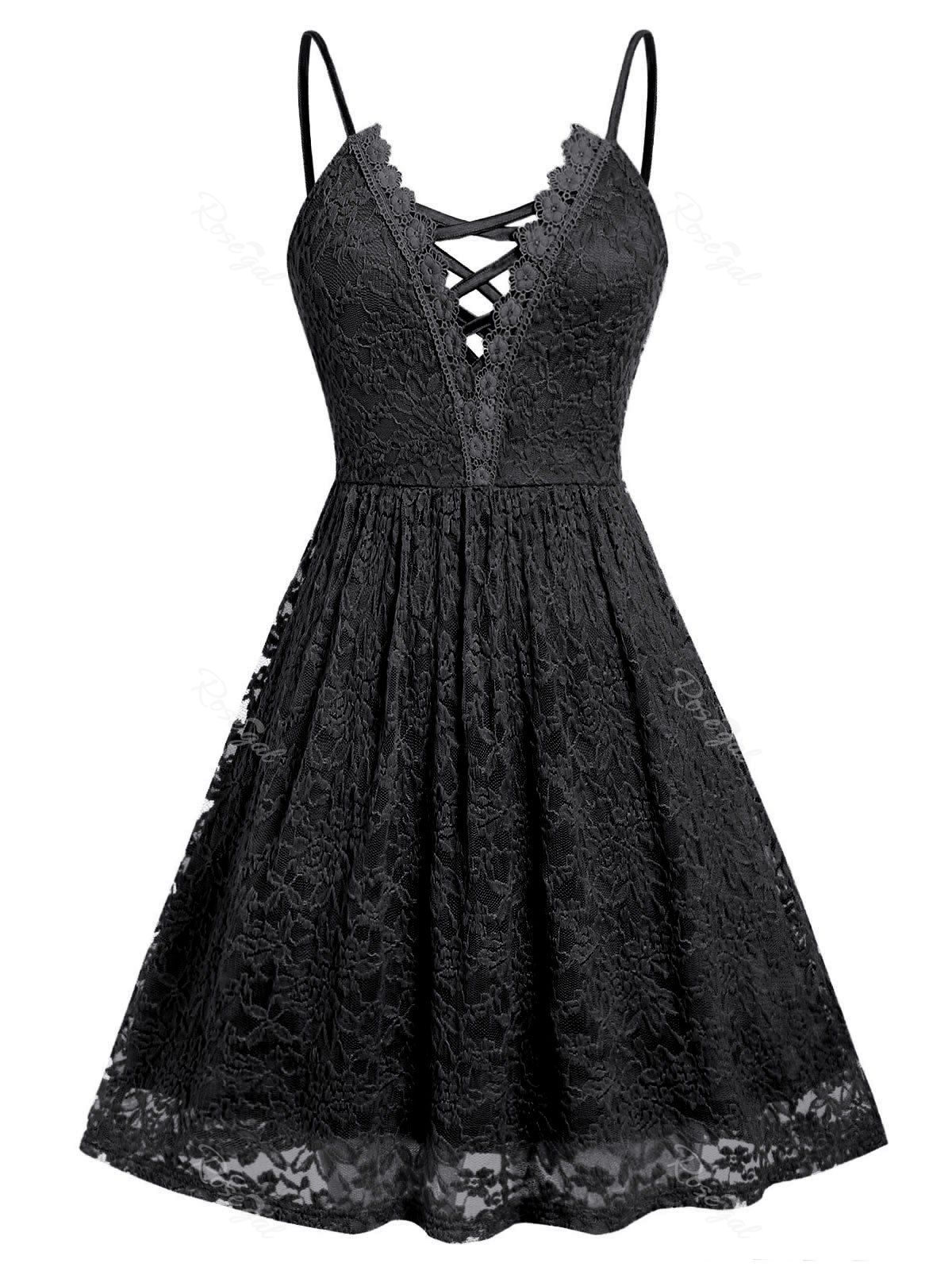 

Criss Cross Lace Plus Size Cami Mini Dress, Black