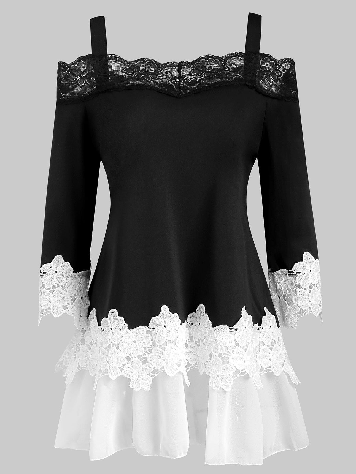 

Plus Size Open Shoulder Lace Insert Top, Black