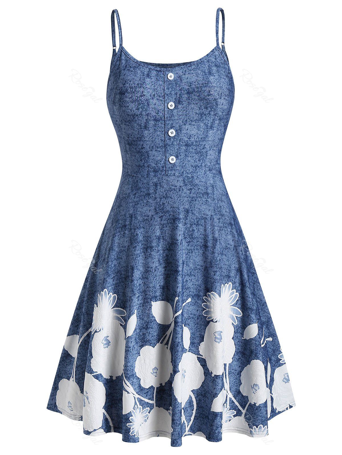 

Plus Size Spaghetti Strap Floral Print Marled Dress, Cornflower blue