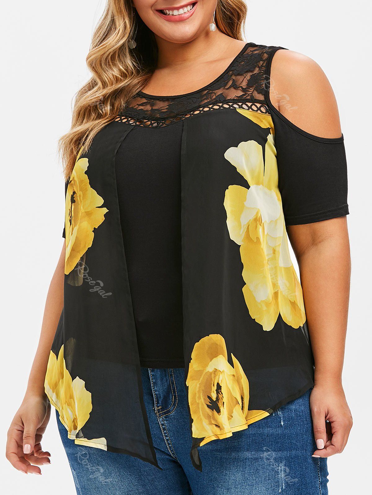 

Plus Size Floral Overlay Cold Shoulder Blouse, Black