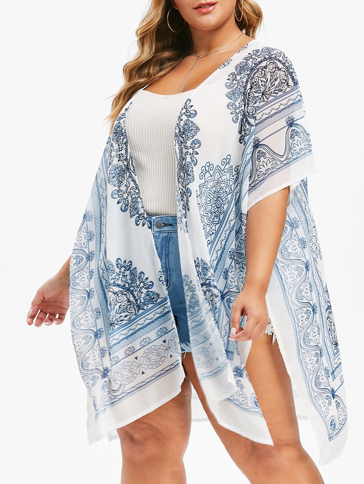 

Bawing Open Front Slit Printed Plus Size Blouse, White