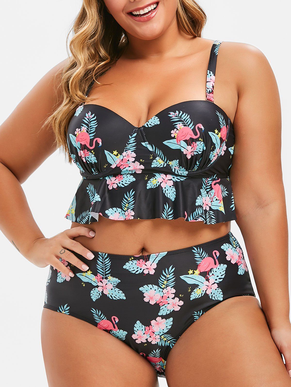 48 Off Plus Size Flamingo Floral Print Flounce Tankini Swimsuit Rosegal 4704