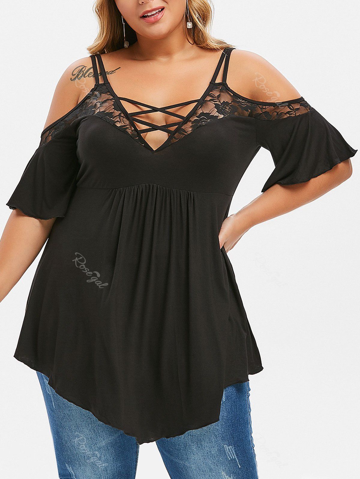 

Plus Size Lace Insert Cold Shoulder Criss Cross T-shirt, Black