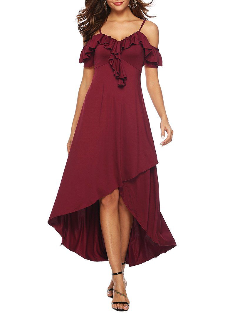 

Ruffle Open Shoulder High Low Dress, Red wine