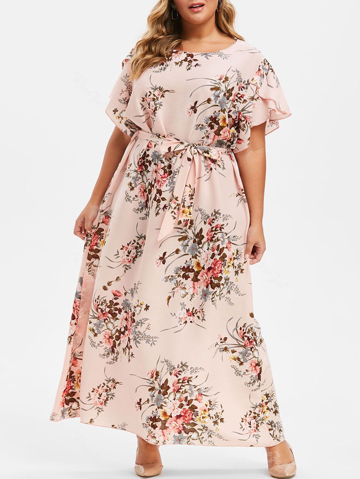 [58% OFF] Plus Size Flower Tulip Sleeve Belted Dress | Rosegal
