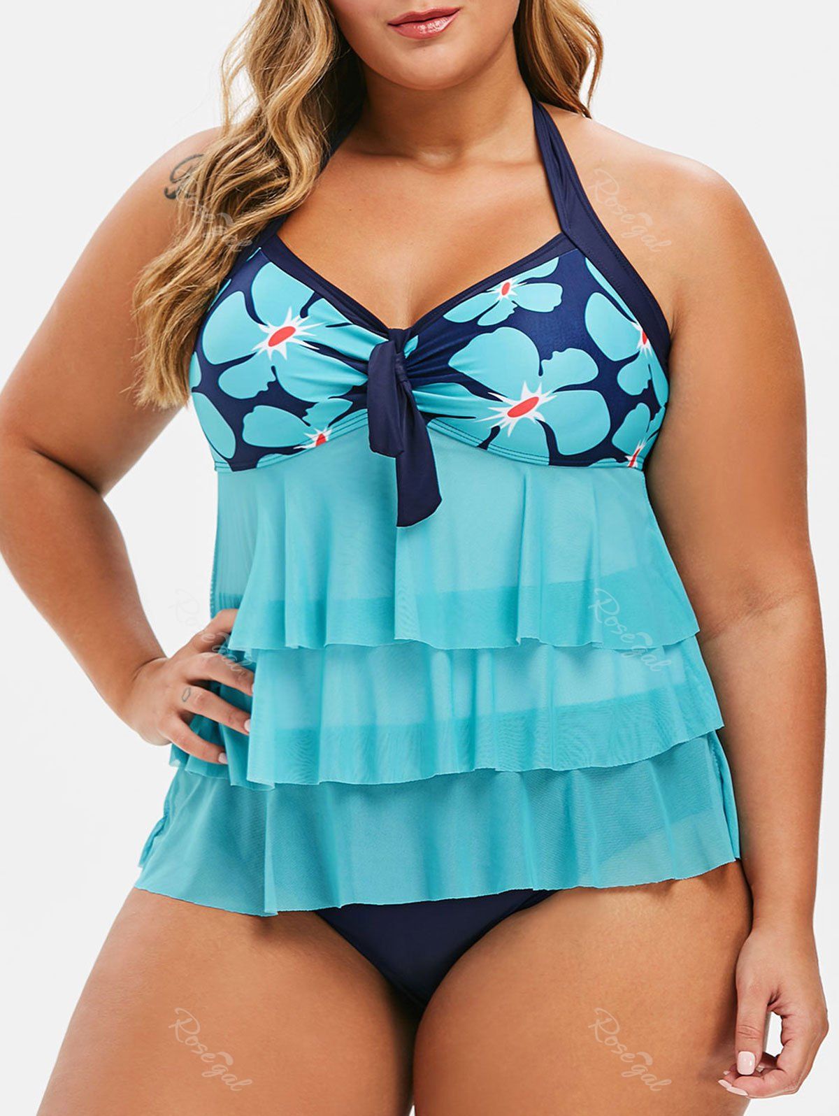 

Plus Size Knotted Flower Tiered Tankini Swimsuit, Blue zircon