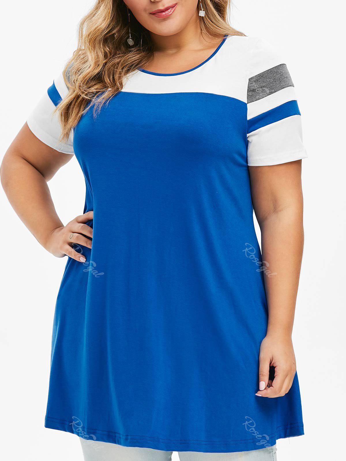 

Longline Color Block Stripes Panel Plus Size Top, Blue