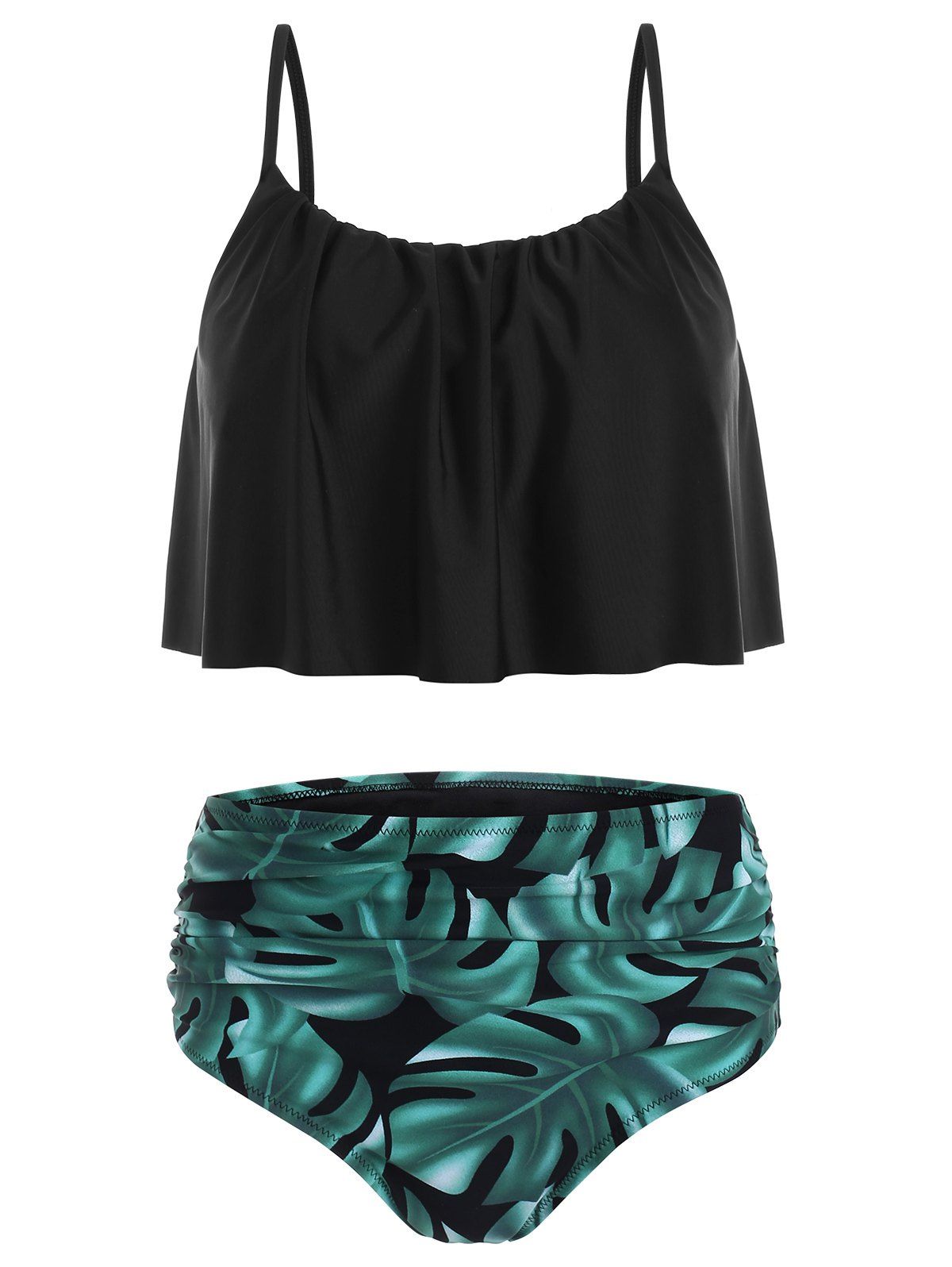 

Leaves Print Padded Overlay Tankini Swimsuit, Black