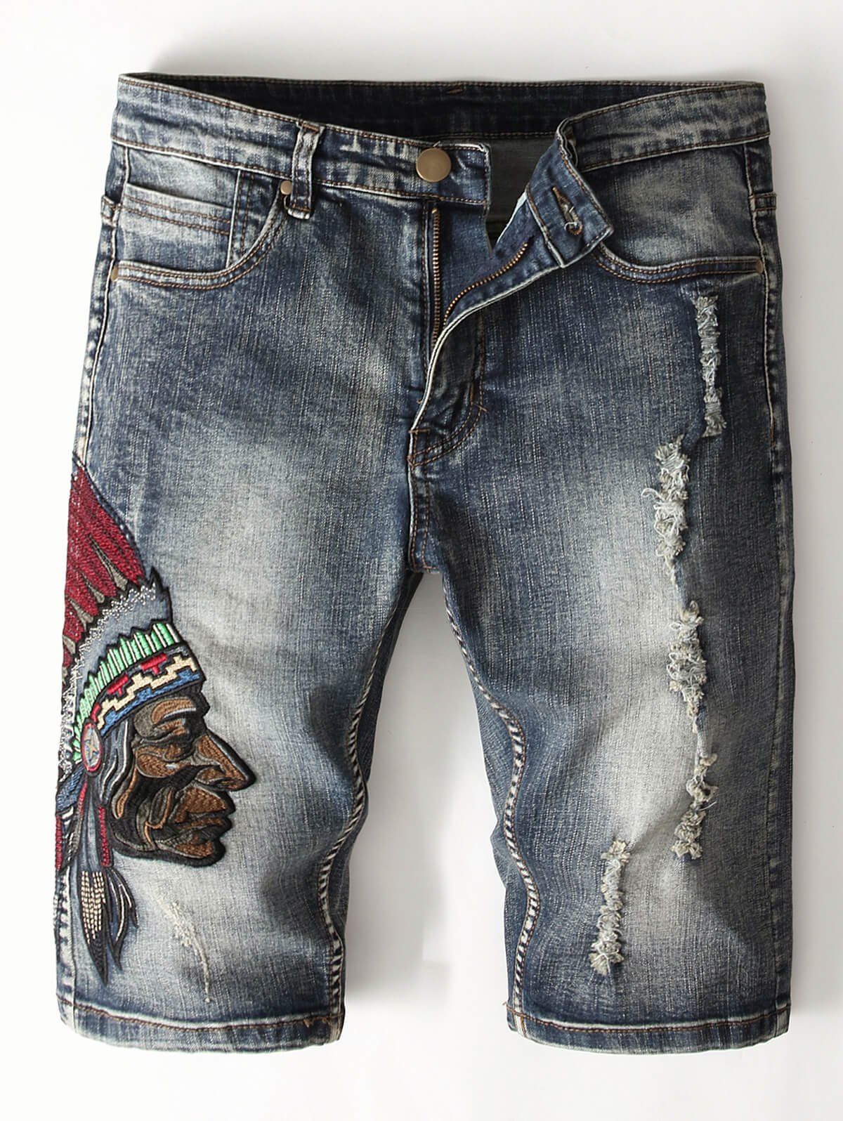 

Tribal Embroidery Decoration Jeans Shorts, Denim dark blue