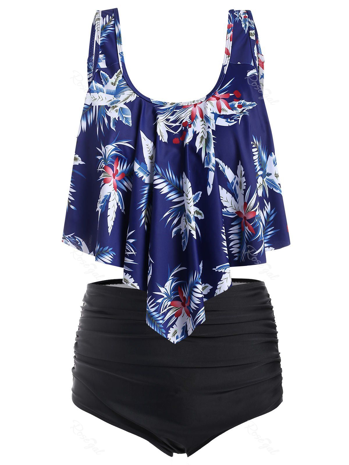 

Plus Size Padded Leaf Floral Tankini Set, Midnight blue