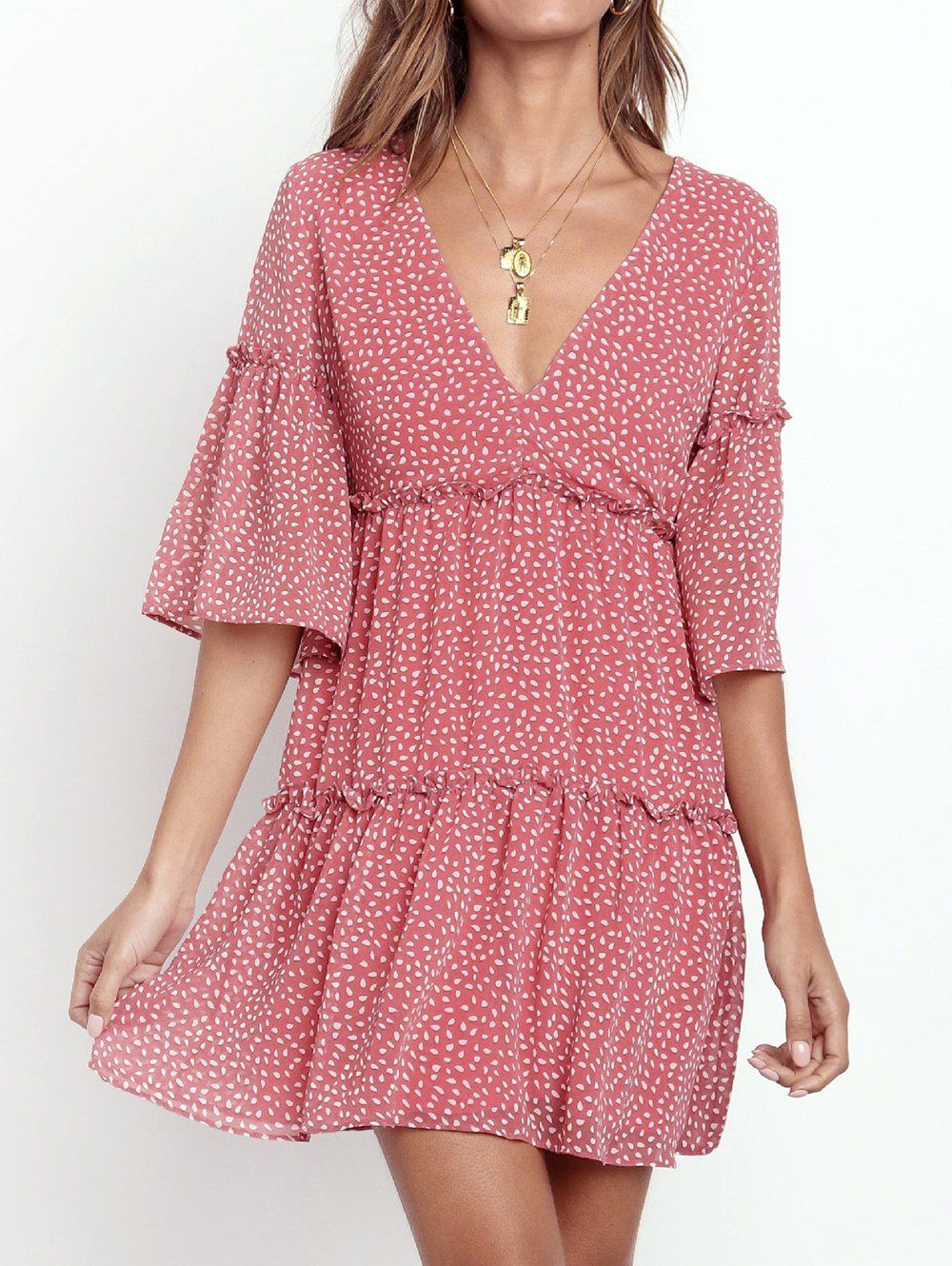 

Ruffle Trim Waterdrop Print Mini Flare Dress, Rose